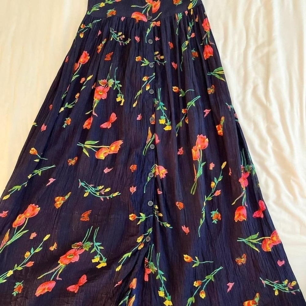 Navy Blue Maxi Floral Button Down Dress 24 Karat VTG y2k One Size - Picture 6 of 7